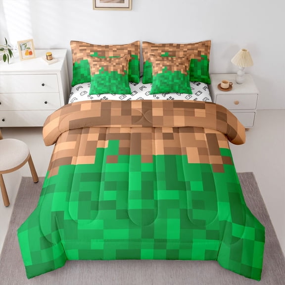 Castle Fairy Pixel Grid Miners Twin Bedding Sets,Brown Green Plaid Bedding Comforter Set