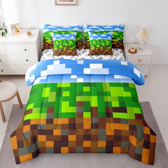 Castle Fairy Pixelated Blocks Miners Bedding Comforter Set,Video Game Full Bedding Set
