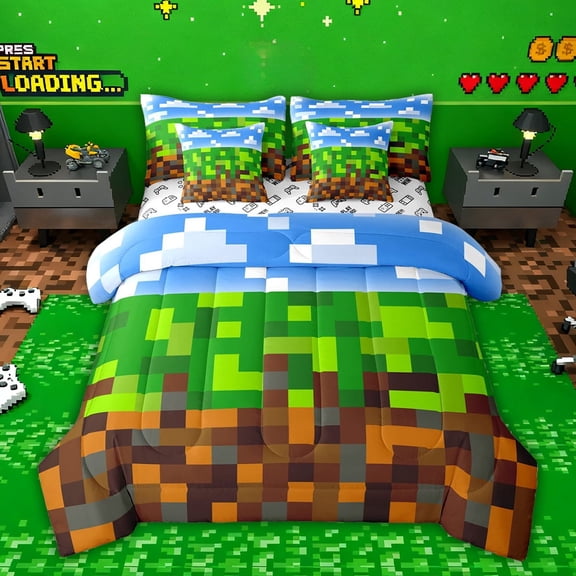 Castle Fairy Pixelated Blocks Miners Twin Bedding Sets,Video Game Bedding Comforter Set