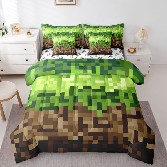 Castle Fairy Pixelated Blocks Miners Twin Bedding Sets,Video Game Bedding Comforter Set