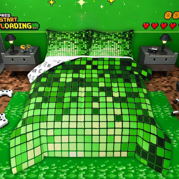 Castle Fairy Pixelated Blocks Miners Twin Comforter Sets,Futuristic Cubes Bedding Set