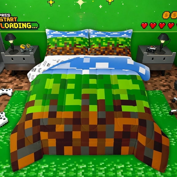 Castle Fairy Pixelated Blocks Miners Twin Comforter Sets,Plaid Video Game Bedding Set