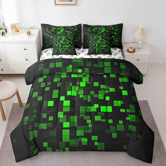 Castle Fairy Pixelated Miners Bedding Comforter Set,Abstract Checkered Full Bedding Set