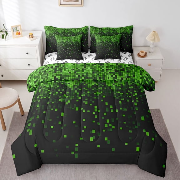 Castle Fairy Pixelated Miners Bedding Comforter Set,Futuristic Cubes Full Bedding Set