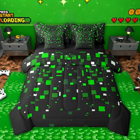 Castle Fairy Pixelated Miners Bedding Comforter Set,Geometric Plaid Grid King Bedding Sets