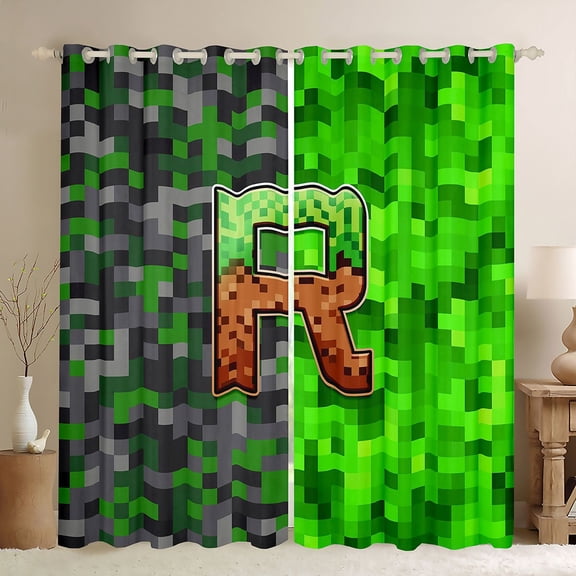 Castle Fairy Pixelated Miners Game Letter R Blackout Curtains Set of 2 (52x84 Each) for Kids,Gaming Blocks Window Curtains