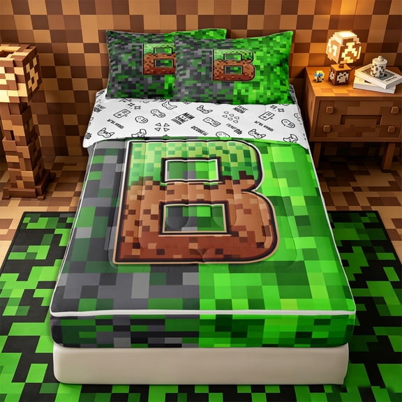Castle Fairy Pixelated Miners Letter B Zipper Full Size Comforter Sets with Fitted Sheet and 2 Pillowcases,Gaming Blocks Zipper Bedding Set,4pcs,Reversible