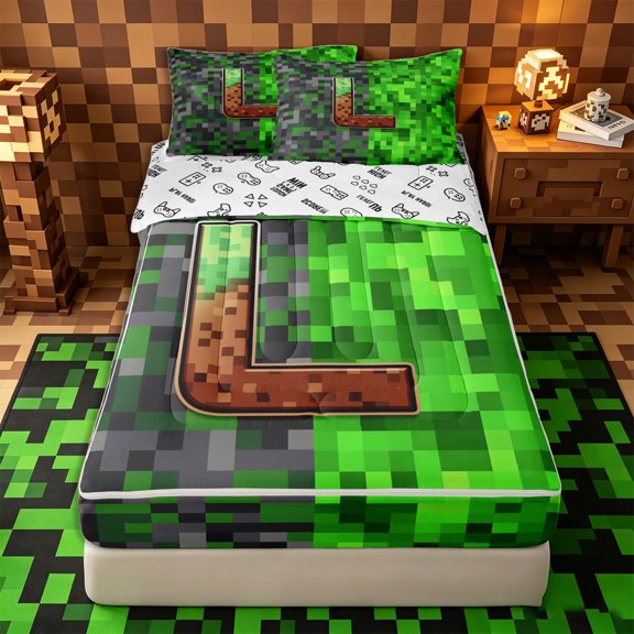 Castle Fairy Pixelated Miners Letter L Zipper Twin Comforter Sets with Fitted Sheet and 2 Pillowcases,Abstract Gaming Blocks Zipper Bedding Set,4-Piece,Reversible