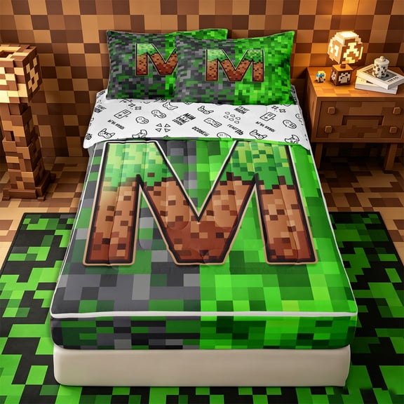 Castle Fairy Pixelated Miners Letter M Zipper Full Size Comforter Sets with Fitted Sheet and 2 Pillowcases,Gaming Blocks Zipper Bedding Set for Bedroom,4pcs,Reversible