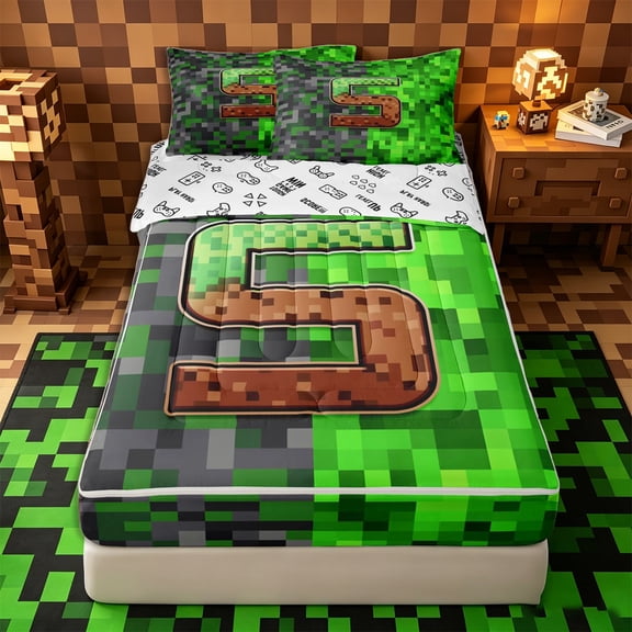 Castle Fairy Pixelated Miners Letter S Zipper Twin Comforter Sets with Fitted Sheet and 2 Pillowcases,Gaming Block Zipper Bedding Set,4-Piece,Reversible