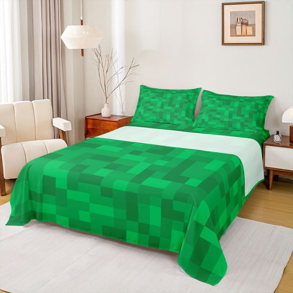 Castle Fairy Pixelated Miners Queen Sheet Sets,Geometric Plaid Grid Bed Set