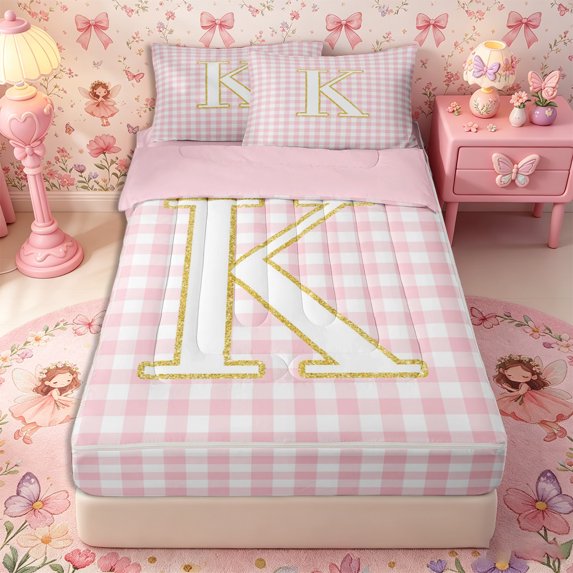 Castle Fairy Plaid Gold Letter K Zipper Full Size Comforter Sets with Fitted Sheet and 2 Pillowcases for Girls,Minimalist Checkered Zipper Bedding Set for Bedroom,4pcs,Reversible