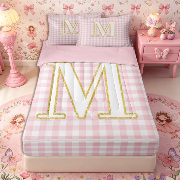 Castle Fairy Plaid Gold Letter M Zipper Twin Comforter Sets with Fitted Sheet and 2 Pillowcases for Girls,Minimalism Checkered Zipper Bedding Set,4-Piece,Reversible