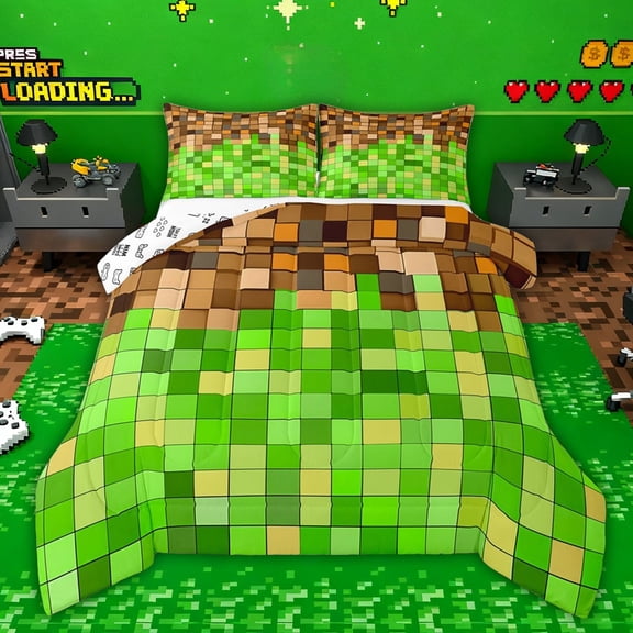 Castle Fairy Plaid Grid Full Size Comforter Sets,Pixelated Miners Game Bedding Sets