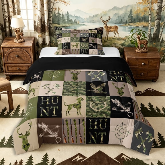 Castle Fairy Plaid Patchwork Hunting Twin Comforter Sets 2pcs,Camo Duck Deer Bedding Set,Olive Brown Cream,Black Reversible,1 Comforter and 1 Pillowcase