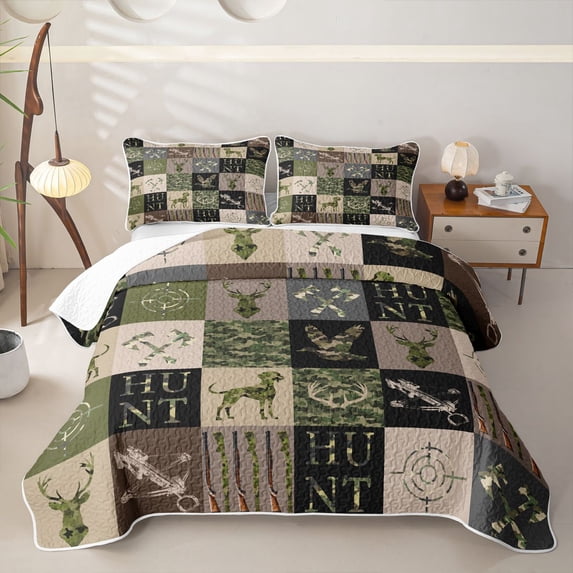 Castle Fairy Plaid Patchwork Hunting Twin Quilt Set,Camo Duck Deer Twin Coverlet Set,Olive Brown Cream