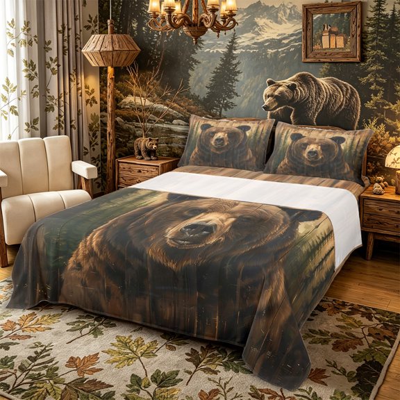 Castle Fairy Plank Brown Bear Queen Sheets 4 Pieces for Teens,Misty Pine Grove Queen Sheet Sets,Brown Olive Cream,1 Fitted Sheet, 1 Flat Sheet and 2 Pillowcases