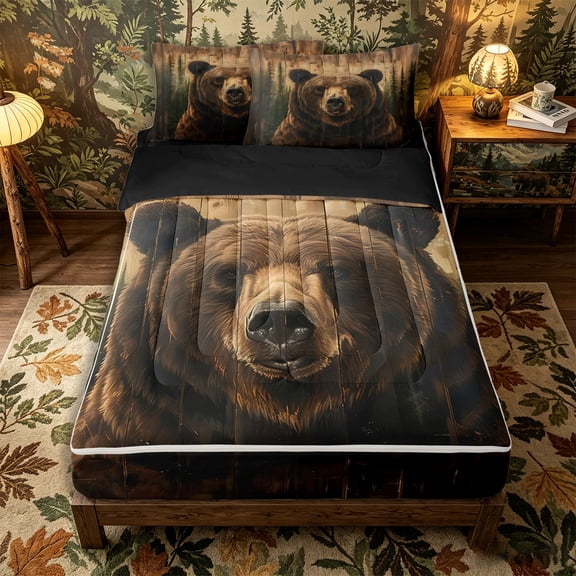 Castle Fairy Plank Brown Bear Zipper Queen Comforter Set with Fitted Sheet and 2 Pillowcases for Teens,Misty Pine Grove Zipper Bedding Set,Brown Olive Cream,Black Reversible,4 Pieces