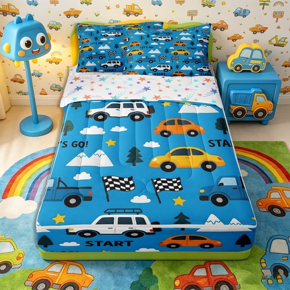 Castle Fairy Playful Race Car Zipper Full Size Comforter Sets with Fitted Sheet and 2 Pillowcases,Checkered Flag Zipper Bedding Set for Bedroom,Bright Blue,4pcs,Reversible