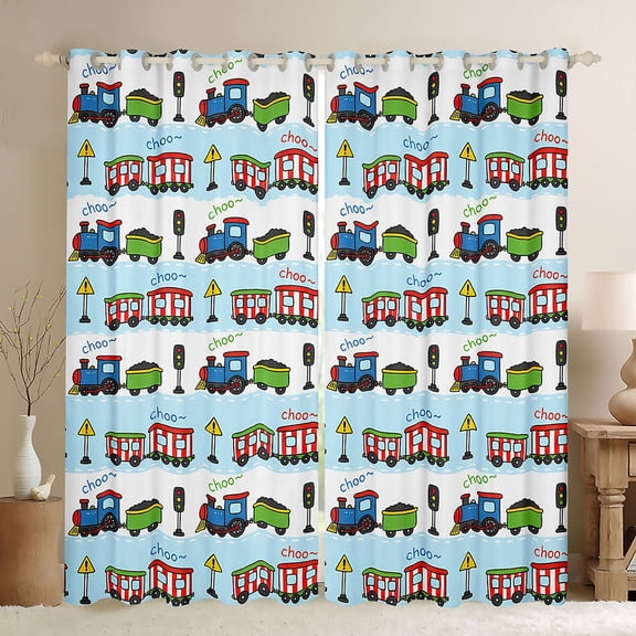 Castle Fairy Playful Railroad Train Black Out Curtains for Toddlers, Cute Carriage Print Curtains Pack of 2 (42x63 Each) for Bedroom, Light Blue