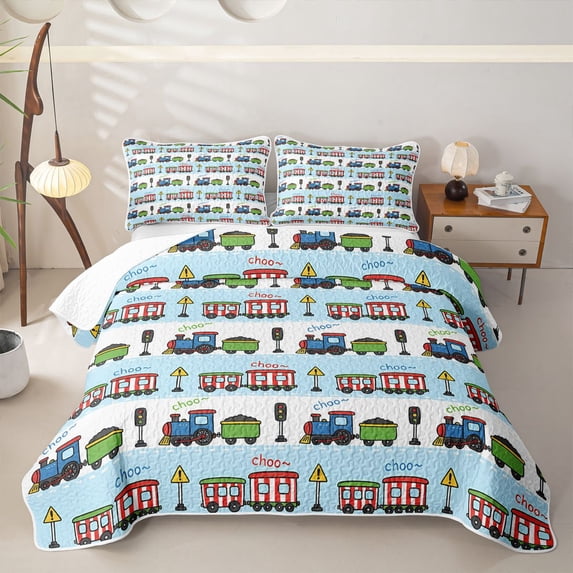 Castle Fairy Playful Railroad Train Quilt Full,Cute Carriage Print Full Bedspread Sets for Bedroom,Light Blue