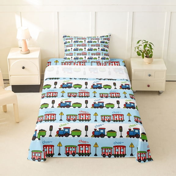 Castle Fairy Playful Railroad Train Twin Sheet Sets 3pcs for Toddlers, Cute Carriage Print Bedding for Bedroom, Light Blue