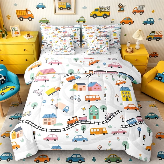 Castle Fairy Playful Town Traffic Twin Bedding Sets 7-Piece for Toddlers, Whimsical Car Train Bedding Comforter Set for Bedroom, Pink Yellow