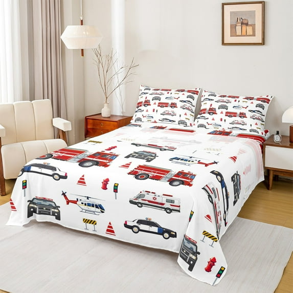 Castle Fairy Police Car 3pcs Twin Sheet Sets,Firefighter Car Twin Fitted Sheet,Cartoon Car Breathable Flat Sheet,Microfiber Kids Bedroom Decor
