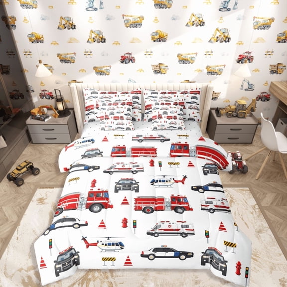 Castle Fairy Police Car 7-Piece Twin Bedding Sets,Firefighter Car Bedding Comforter Set,Cartoon Car Breathable Sheet Sets,Microfiber Kids Bedroom Decor,Reversible