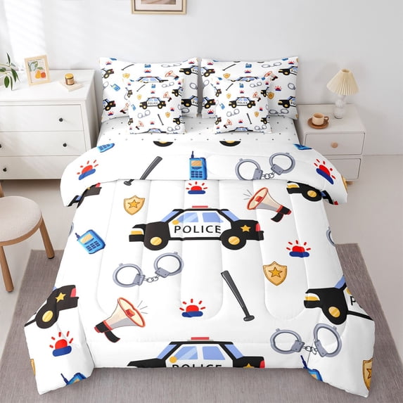 Castle Fairy Police Car Twin Bedding Sets 7-Piece for Kids Teens Children,Car Theme Bedding Comforter Set Microfiber,Cartoon Car Breathable Sheet Sets,Ultra Soft Home Decor,Reversible
