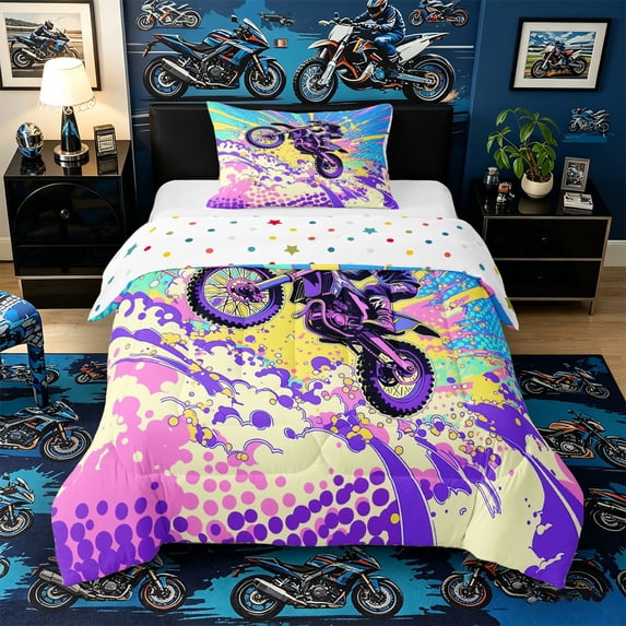 Castle Fairy Pop Art Motocross Twin Comforter Sets 3-Piece for Teens, Bright Burst Jump Bedding Set for Vibrant Bedroom, Purple Pink