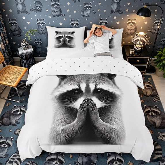 Castle Fairy Praying Raccoon Duvet Cover Queen for Boys,Minimalist Plain Queen Bedding,Black White Gray,Reversible,3-Piece,No Comforter,1 Duvet Cover and 2 Pillowcases