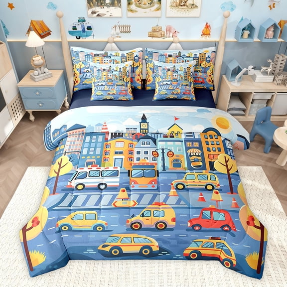 Castle Fairy Preppy Cartoon Car Bedding Comforter Set,Car Theme Queen Bedding Sets