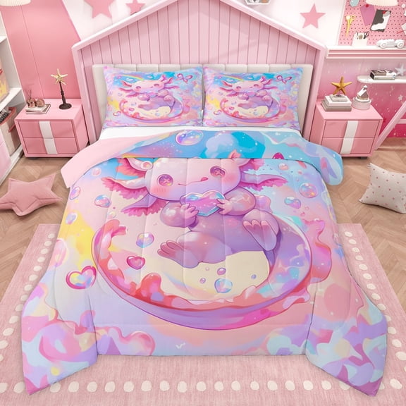 Castle Fairy Preppy Cartoon Pink Salamander Twin Comforter Sets,Animal Axolotl Bedding Set