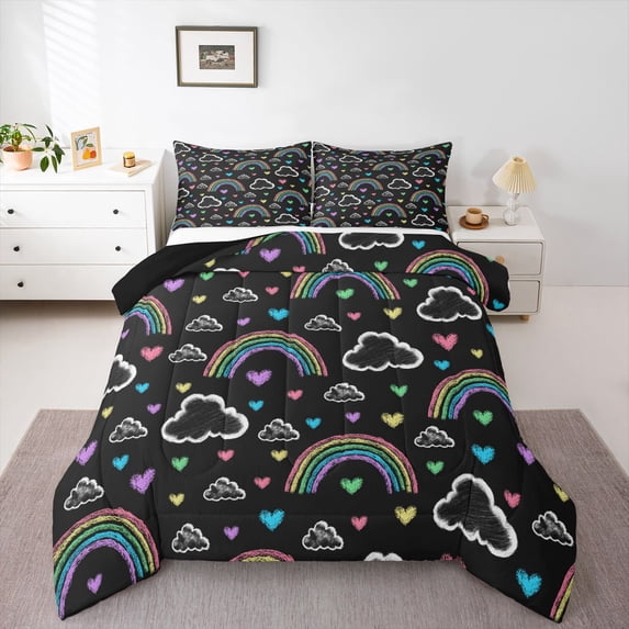 Castle Fairy Preppy Cartoon Rainbow Twin Comforter Sets,Colorful Love Heart Bedding Set