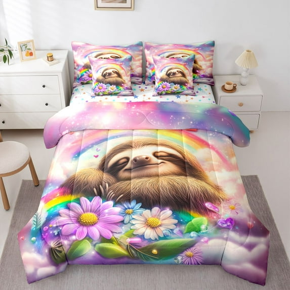 Castle Fairy Preppy Cartoon Sloth Bedding Comforter Set,Rainbow Animal King Bedding Sets