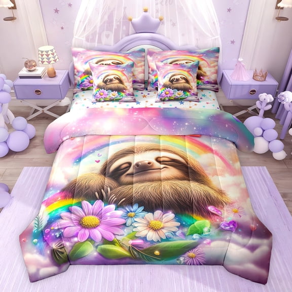 Castle Fairy Preppy Cartoon Sloth Twin Bedding Sets,Rainbow Animal Bedding Comforter Set