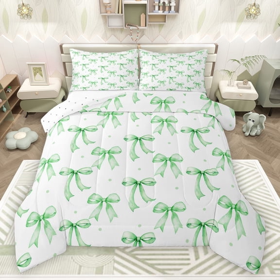 Castle Fairy Preppy Child Cartoon Bowknot 3 Pieces Queen Comforter Set,Polka Dots Ultra Soft Bedding Sets,Green White Bow Bedding Comforter Set Breathable,Microfiber Bedroom Decor,Reversible