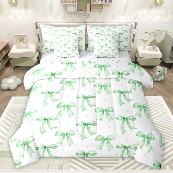 Castle Fairy Preppy Child Cartoon Bowknot Bedding Comforter Set 7-Piece,Polka Dots King Bedding Sets,Green White Bow Ultra Soft Bed Sheets,Microfiber Bedroom Decor,Reversible
