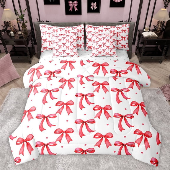 Castle Fairy Preppy Child Cartoon Bowknot Bedding Comforter Set 7-Piece,Polka Dots King Bedding Sets,Red White Bow Ultra Soft Bed Sheets,Microfiber Bedroom Decor,Reversible