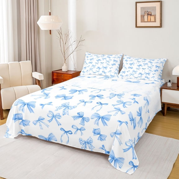 Castle Fairy Preppy Child Cartoon Bowknot Full Size Sheets 4-Piece,Blue White Breathable Bed Sheets,Dreamy Princess Bowtie Lightweight Sheet Sets,Microfiber Bedroom Decor