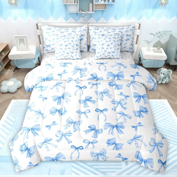 Castle Fairy Preppy Child Cartoon Bowknot Twin Bedding Sets 7-Piece,Blue White Bedding Comforter Set Microfiber,Dreamy Princess Bowtie Breathable Sheet Sets,Microfiber Bedroom Decor,Reversible