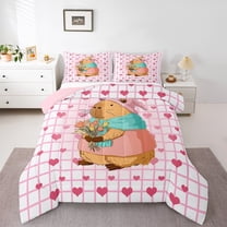Castle Fairy Preppy Child Cartoon Capybara Twin Comforter Sets,Pink Love Heart Bedding Set
