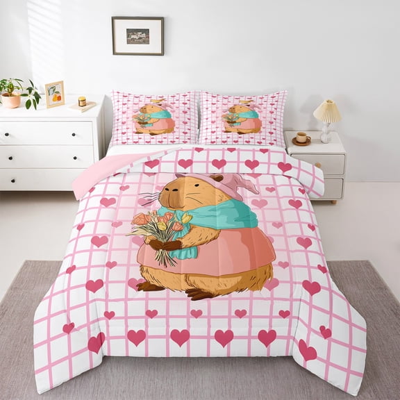 Castle Fairy Preppy Child Cartoon Capybara Twin Comforter Sets,Pink Love Heart Bedding Set