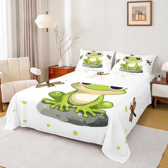 Castle Fairy Preppy Child Cartoon Frog Dragonfly 4 Pieces Queen Sheet Sets,Kawaii Animal Ultra Soft Flat Sheet,Green Polka Dots Queen Fitted Sheet,Breathable Home Decor