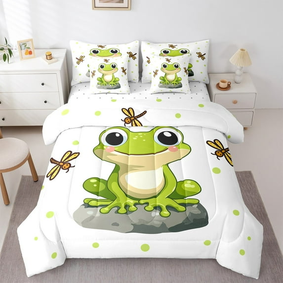 Castle Fairy Preppy Child Cartoon Frog Dragonfly Bedding Comforter Set 7 Pieces,Kawaii Animal Full Bedding Set Lightweight,Green Polka Dots Fitted Sheet Flat Sheet,Breathable Home Decor,Reversible