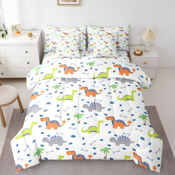Castle Fairy Preppy Child Colorful Dinosaur Bedding Comforter Set 7-Piece,Cartoon Animal King Bedding Sets,Kawaii Jungle Wildlife Dino Ultra Soft Bed Sheets,Ultra Soft Home Decor,Reversible
