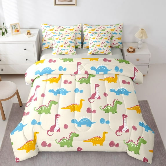 Castle Fairy Preppy Child Colorful Dinosaur Bedding Comforter Set 7 Pieces,Cartoon Animal Full Bedding Set Lightweight,Kawaii Jungle Wildlife Dino Fitted Sheet Flat Sheet,Ultra Soft Home Decor