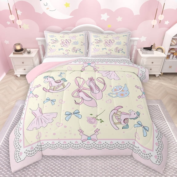 Castle Fairy Preppy Child Dance Ballet Bedding Comforter Set 2pcs,Dreamy Princess Twin Comforter Sets Microfiber,Kawaii Bow Rose Breathable Bedding Set,Super Cozy Room Decor,Reversible