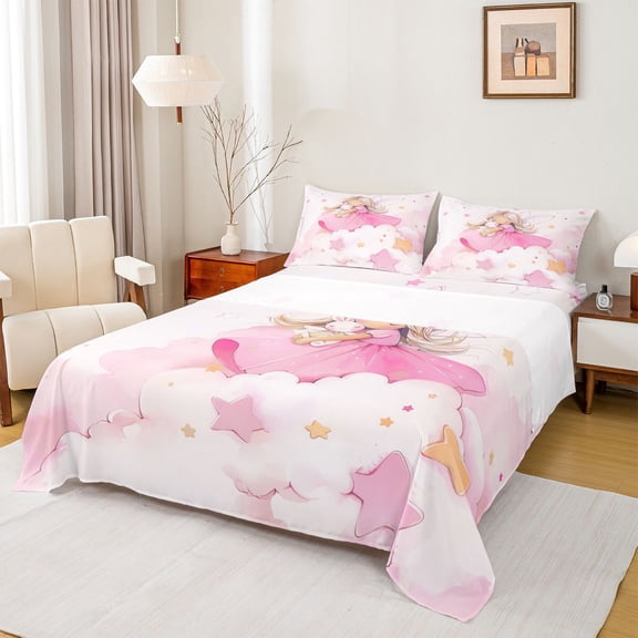 Castle Fairy Preppy Child Kawaii Rabbit Girl 4 Pieces Queen Sheet Sets,Starry Sky Ultra Soft Flat Sheet,Dreamy Princess Queen Fitted Sheet,Super Cozy Room Decor